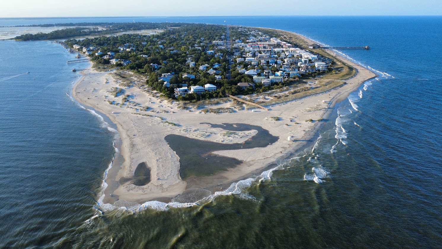 Aerial view of Tybee Island showcasing beaches and residential area.